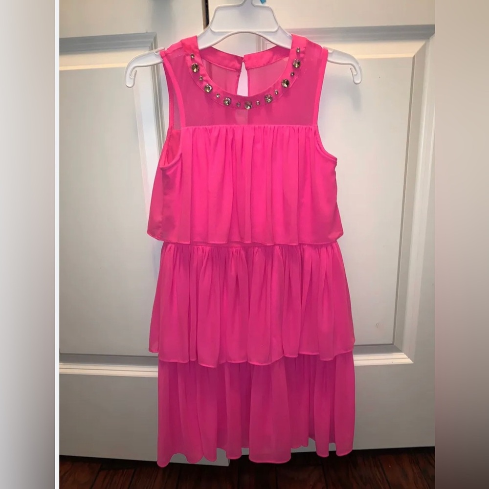 gb girls hot pink fuschia ruffle layered dress size 813 new fancy formal crystal